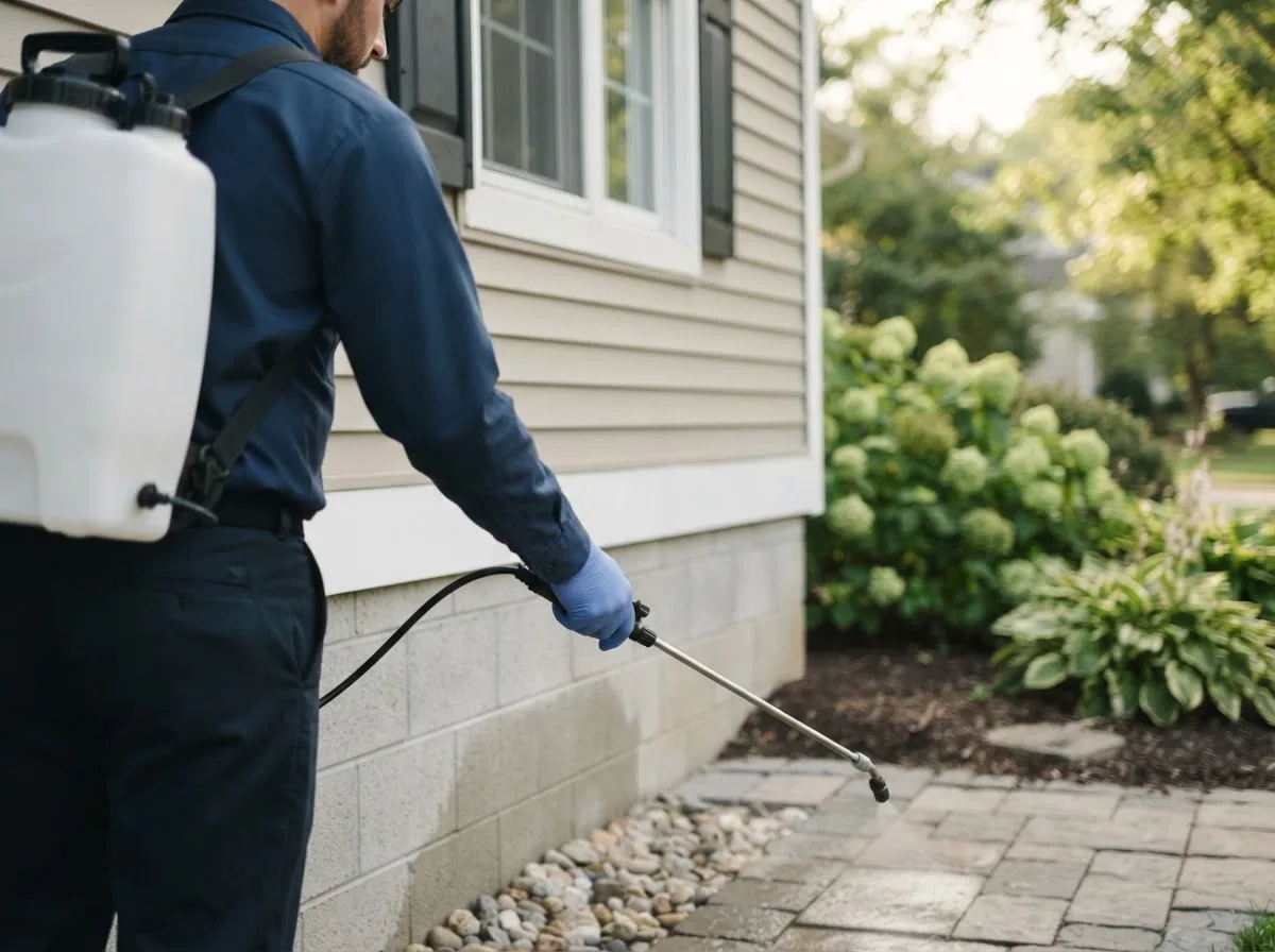Pest control technician inspecting a home in Ingalls, IN